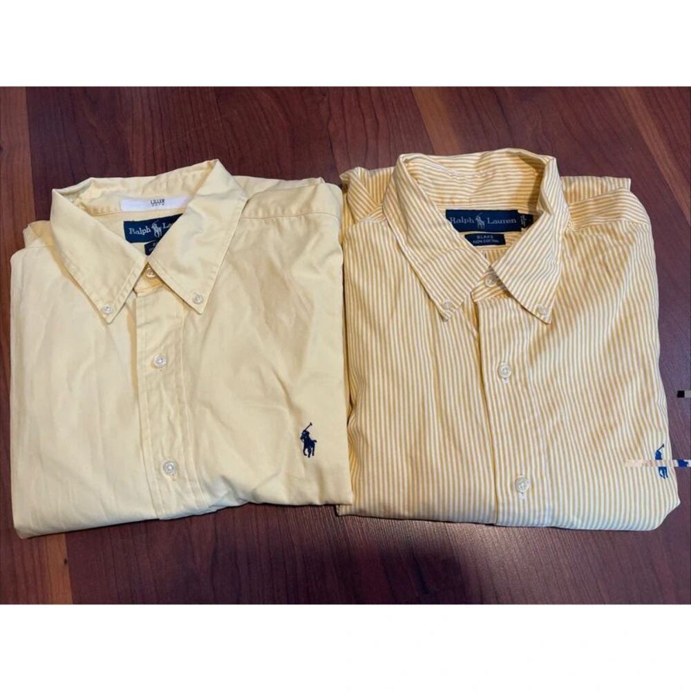 Ralph Lauren Button Down Lot Of 2 Men’s L Solid Plaid Cotton Dress Shirt EUC